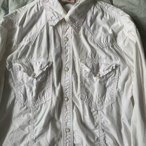 White true religion button up shirt with graphics